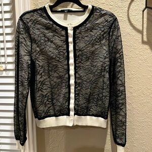 Behnaz Sarafpour Black Lace Cardigan with White Trim